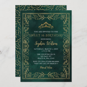 Invitation Holly Green Gold Princesse Tiara Sweet 16 Annivers