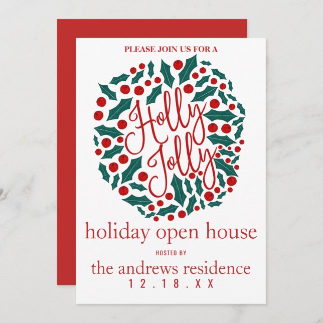 Invitation Holly Jolly Citer Leaf Berries Holiday Open House (Devant / Derrière)