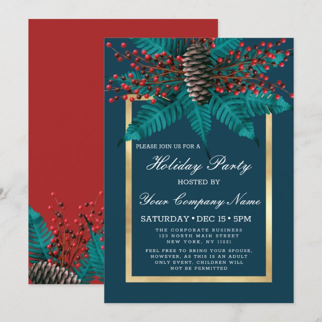 Invitation Holly Pine Cone Bouquet Gold Entreprise (Devant / Derrière)