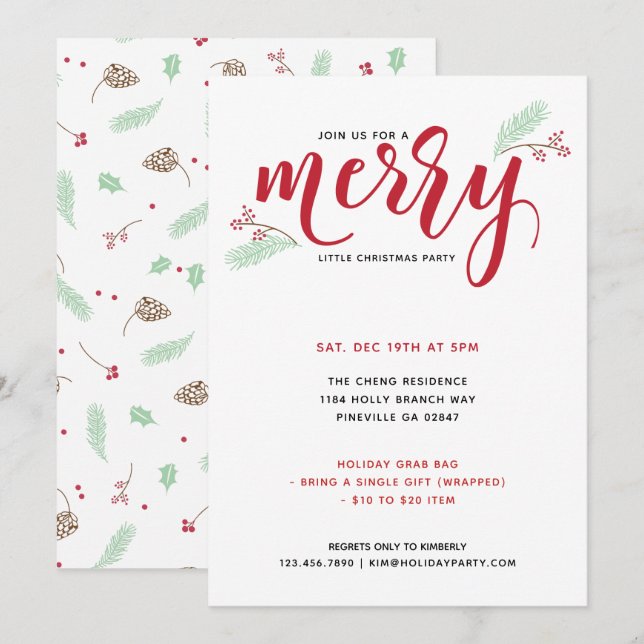 Invitation Holly & Pine Merry Little Christmas Party (Devant / Derrière)