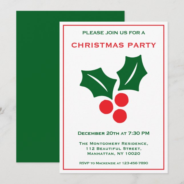 Invitation Holly Rouge Blanc Et Vert Nom Fun Noël Fun (Devant / Derrière)