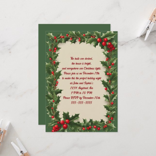 Invitation Holly sur Green Christmas Party (Devant/Arrière en situation)