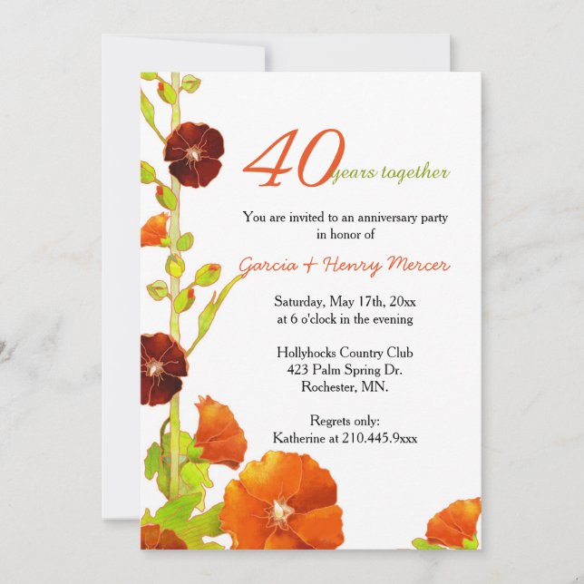 Invitation Hollyhocks rouges blancs 40e anniversaire de maria (Devant)
