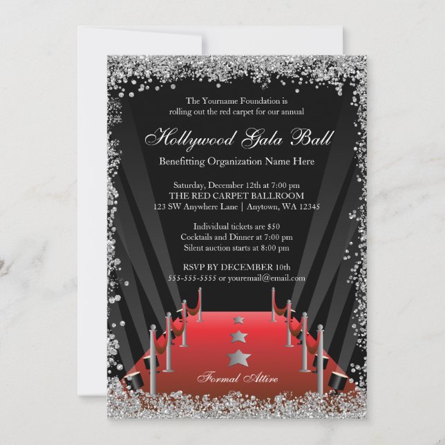 Invitation Hollywood Gala Ball Red Carpet Silver Parties scin (Devant)