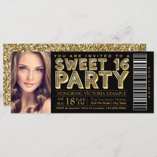 Invitation Hollywood Glam Sweet 16 Ticket Black and Gold
