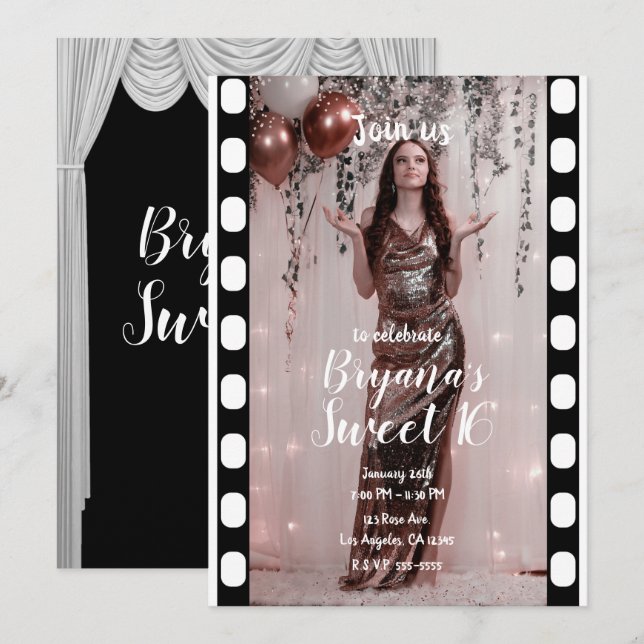 Invitation Hollywood Movie Black White Rideaux Sweet 16 (Devant / Derrière)