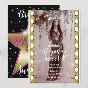 Invitation Hollywood Movie Gold Pink Star Film Sweet 16  