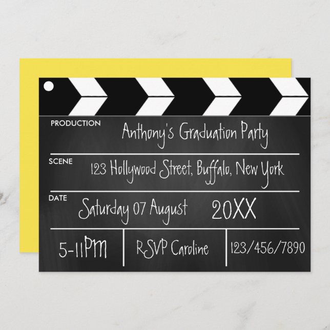 Invitation Hollywood Movie Graduation Party Chalkboard Invit (Devant / Derrière)