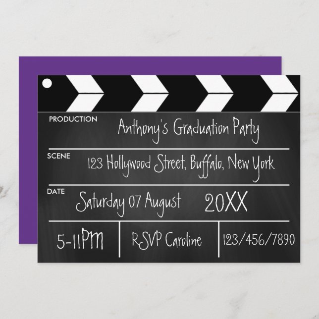 Invitation Hollywood Movie Graduation Party Chalkboard Invit (Devant / Derrière)