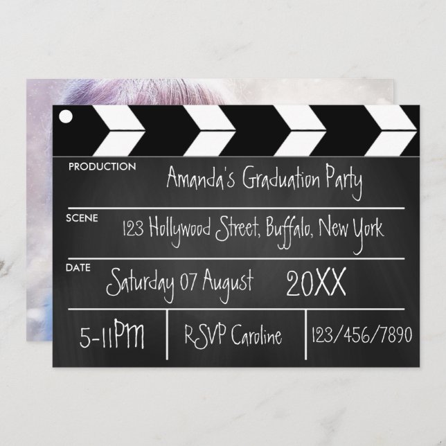 Invitation Hollywood Movie Graduation Party Chalkboard Photo (Devant / Derrière)
