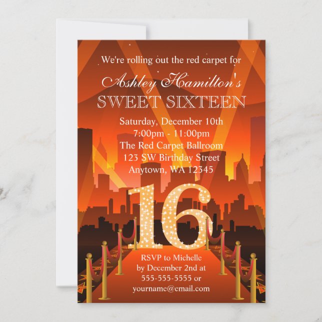 Invitation Hollywood Red Carpet City Sweet 16 Anniversaire (Devant)