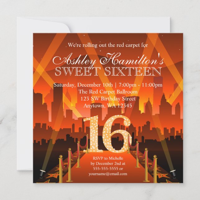 Invitation Hollywood Red Carpet City Sweet 16 Anniversaire (Devant)