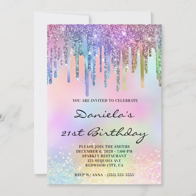 Invitation Holo Glitter Rainbow Drips 21st Birthday (Devant)