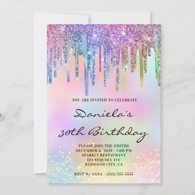 Invitation Holo Glitter Rainbow Drips 30th Birthday (Devant)