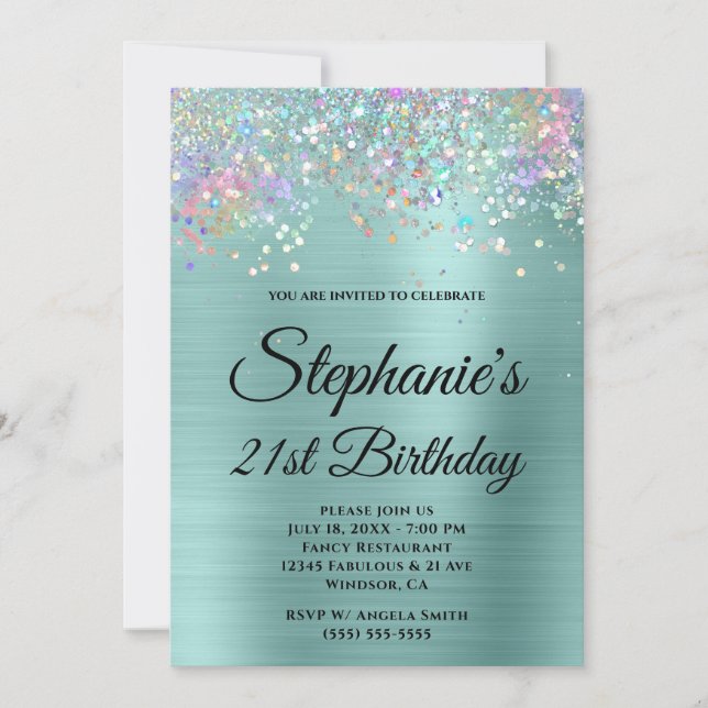 Invitation Holo Pailleté Turquoise Clair Monogramme Fantaisie (Devant)