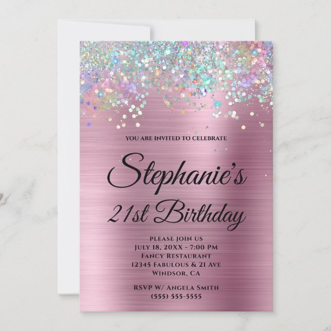 Invitation Holo Parties scintillant Fille rose Foil Fancy Mon (Devant)