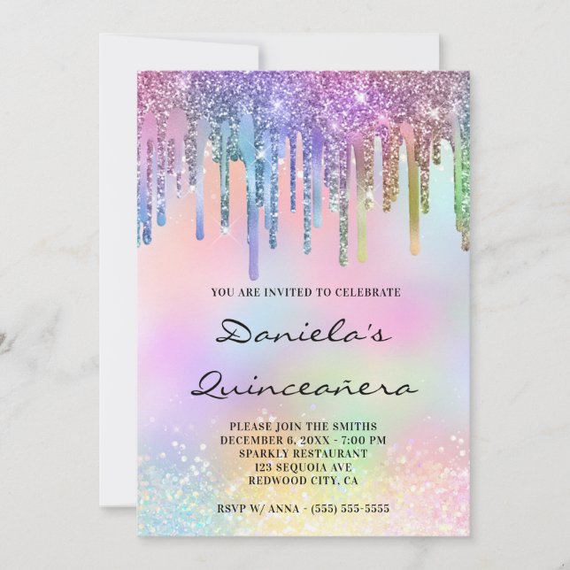 Invitation Holo Parties scintillant Rainbow Drives Quinceañer (Devant)