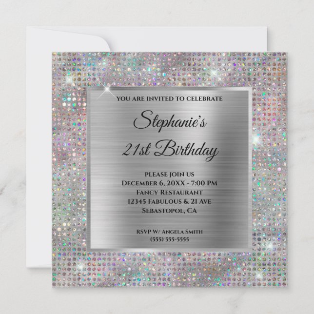 Invitation Holo Silver Diamond Studded Foil 21e anniversaire (Devant)