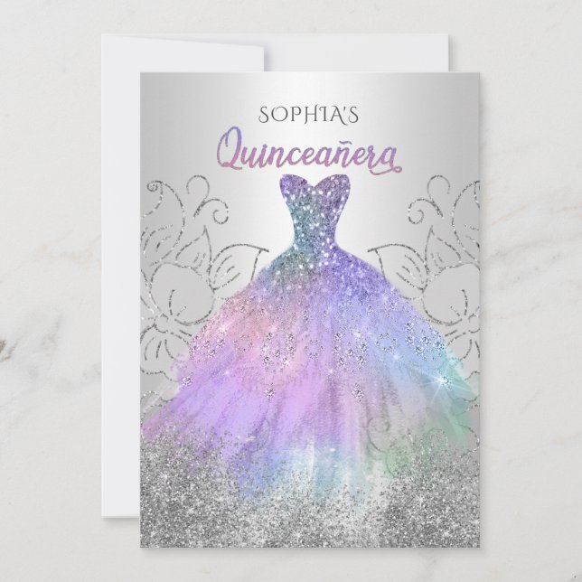 Invitation Hologramme d'argent Parties scintillant robe Quinc (Devant)