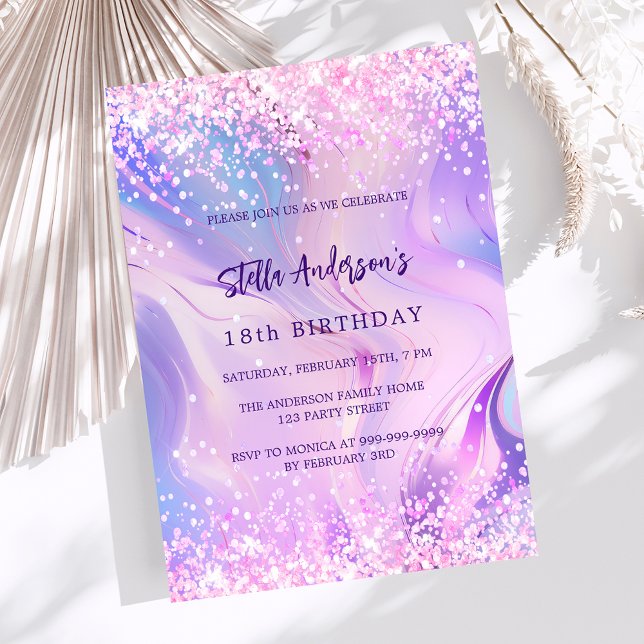 Invitation Hologramme rose violet anniversaire luxe (Créateur téléchargé)