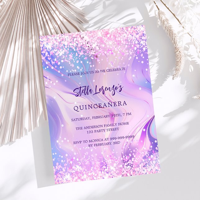 Invitation Hologramme rose violet luxe Quinceanera (Créateur téléchargé)