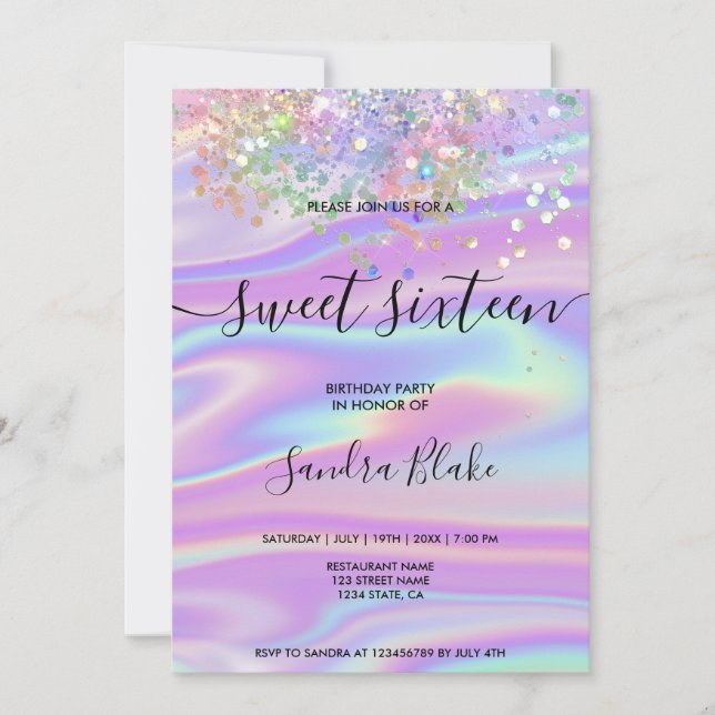 Invitation Holographe moderne Girly tendance Sweet 16 Invitat (Devant)