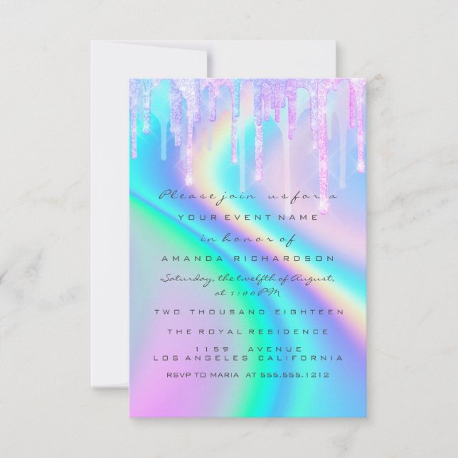 Invitation Holographe Unicorne pour filles baby shower (Devant)