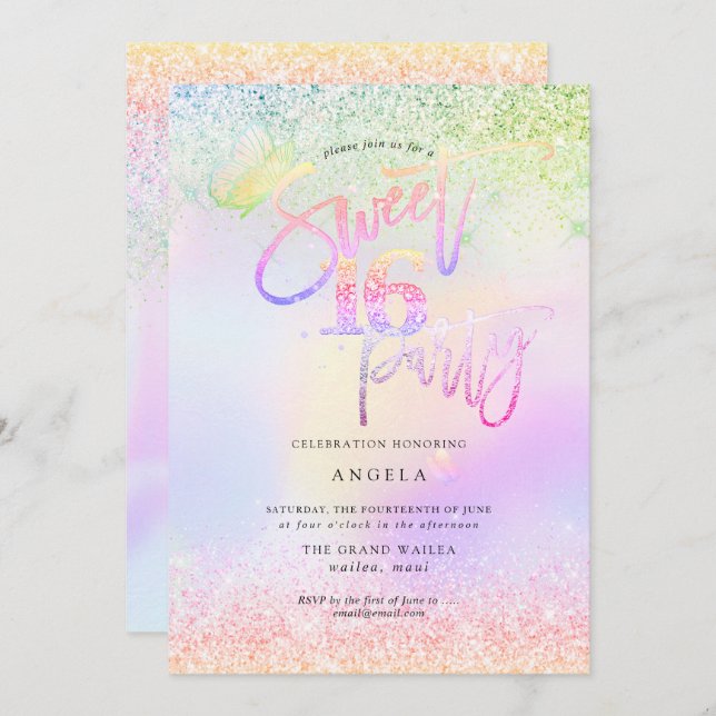 Invitation Holographic Sweet 16 Parties scintillant Diamond r (Devant / Derrière)