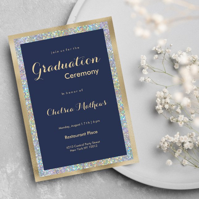 Invitation Holographie en or bleu marine Graduation (Navy blue gold silver holographic Graduation )
