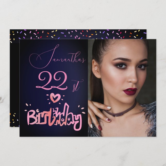 Invitation Holographie Pink Purple Navy Bleu Photo Anniversai (Devant / Derrière)