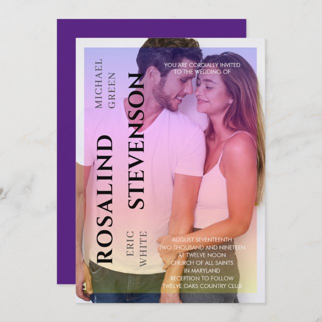 Invitation Holographie Pink Purple Overlay Mariage photo (Devant / Derrière)