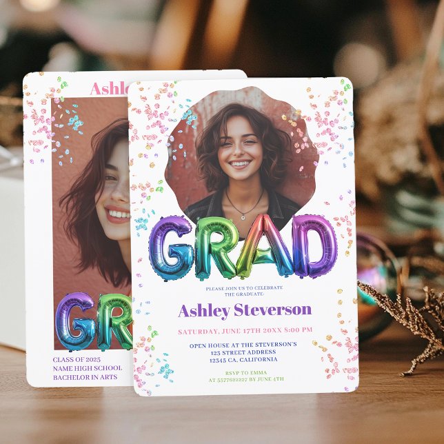 Invitation Holographique Ballons Lettering Graduation 2 Photo (Holographic Balloon Lettering Graduation 2 Photos Invitation)