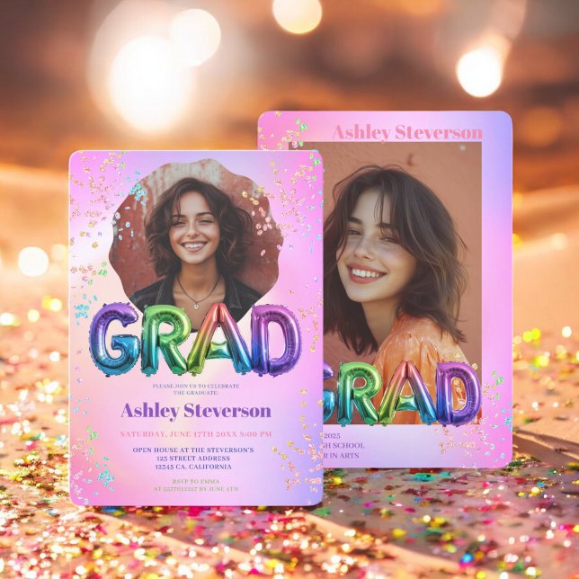 Invitation Holographique Ballons Lettering Graduation 2 Photo (Holographic Balloon Lettering Graduation 2 Photos Invitation)