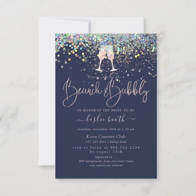 Invitation Holographique Confetti Brunch+Bubbly Champagne ros (Devant)