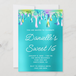 Invitation Holographique Liquide Drip Turquoise Blue Sweet 16