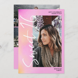 Invitation Holographique ombre script rose 4 photo Sweet 16