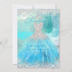 Invitation Holographique Quinceanera Aqua Blue Aquarelle Gown