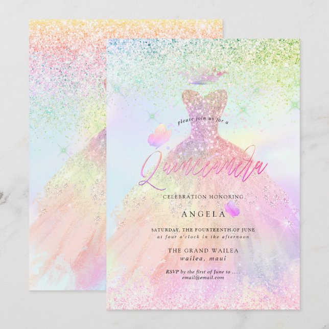 Invitation Holographique Quinceanera Princesse+Papillons (Devant / Derrière)