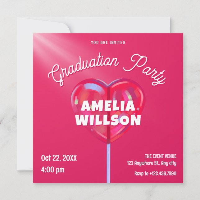 Invitation Holographique rose bonbon douce graduation (Devant)