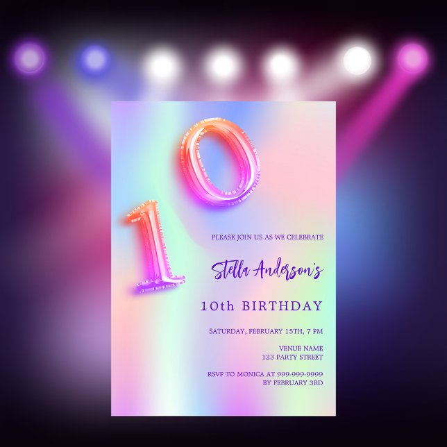 Invitation Holographique rose violet 10e anniversaire (Créateur téléchargé)