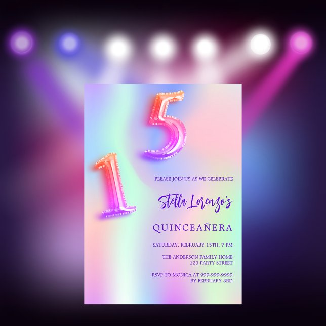 Invitation Holographique rose violet Quinceanera (Créateur téléchargé)