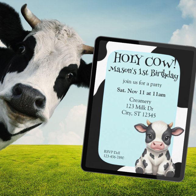 Invitation Holy Cow, blue, cow 1st Birthday (Créateur téléchargé)