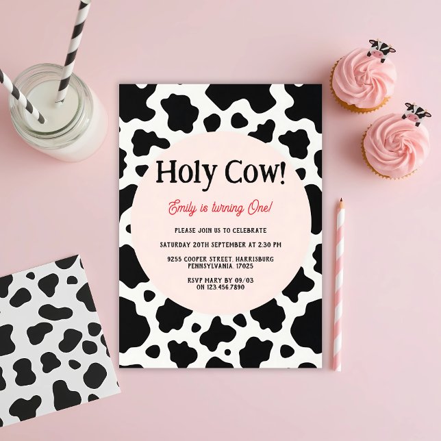Invitation Holy Cow Bold Cow Imprimer 1er Anniversaire (Holy Cow First Birthday Invitation Cow Print 1st Birthday Party Invite for Girls)