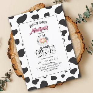 Invitation Holy Cow I'm One Cow Print Farm Photo Anniversaire