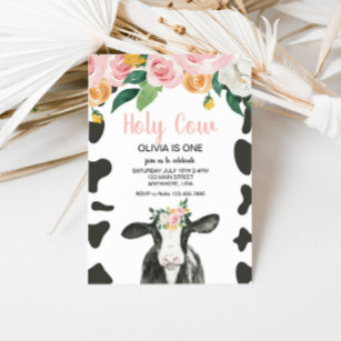 Invitation Holy Cow I'm One Pink En vichy floral Birthday Inv