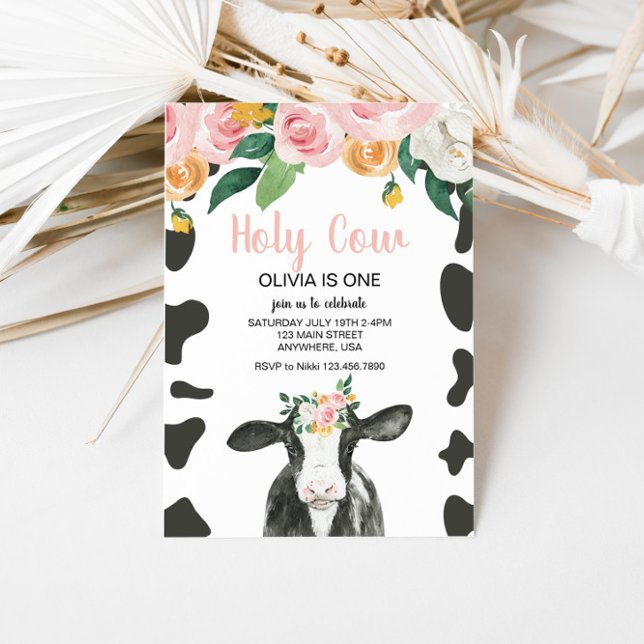 Invitation Holy Cow I'm One Pink En vichy floral Birthday Inv (Créateur téléchargé)