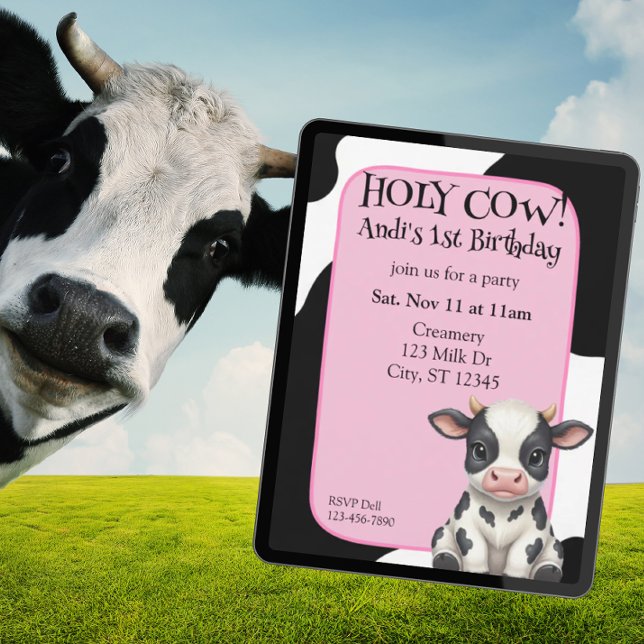 Invitation Holy Cow, pink, cow 1st Birthday (Créateur téléchargé)