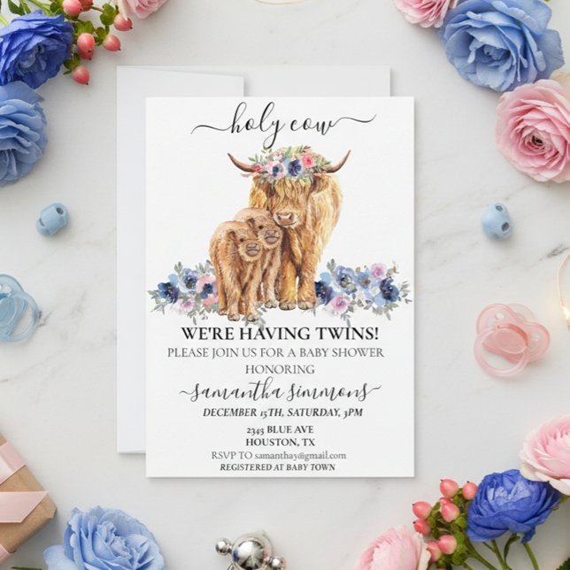 Invitation Holy Cow Twins Highland Calf Baby shower Rose Blue (Créateur téléchargé)