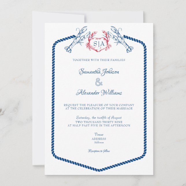 Invitation Homard Monogramme nautique Script Marine Mariage (Devant)