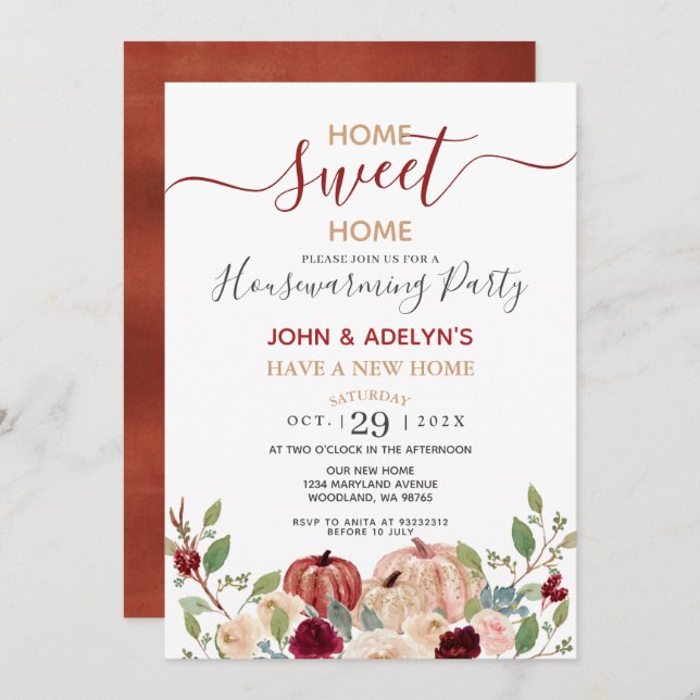 Invitation Home Sweet Home Blanc Citrouille Floral Bourgogne (Devant / Derrière)